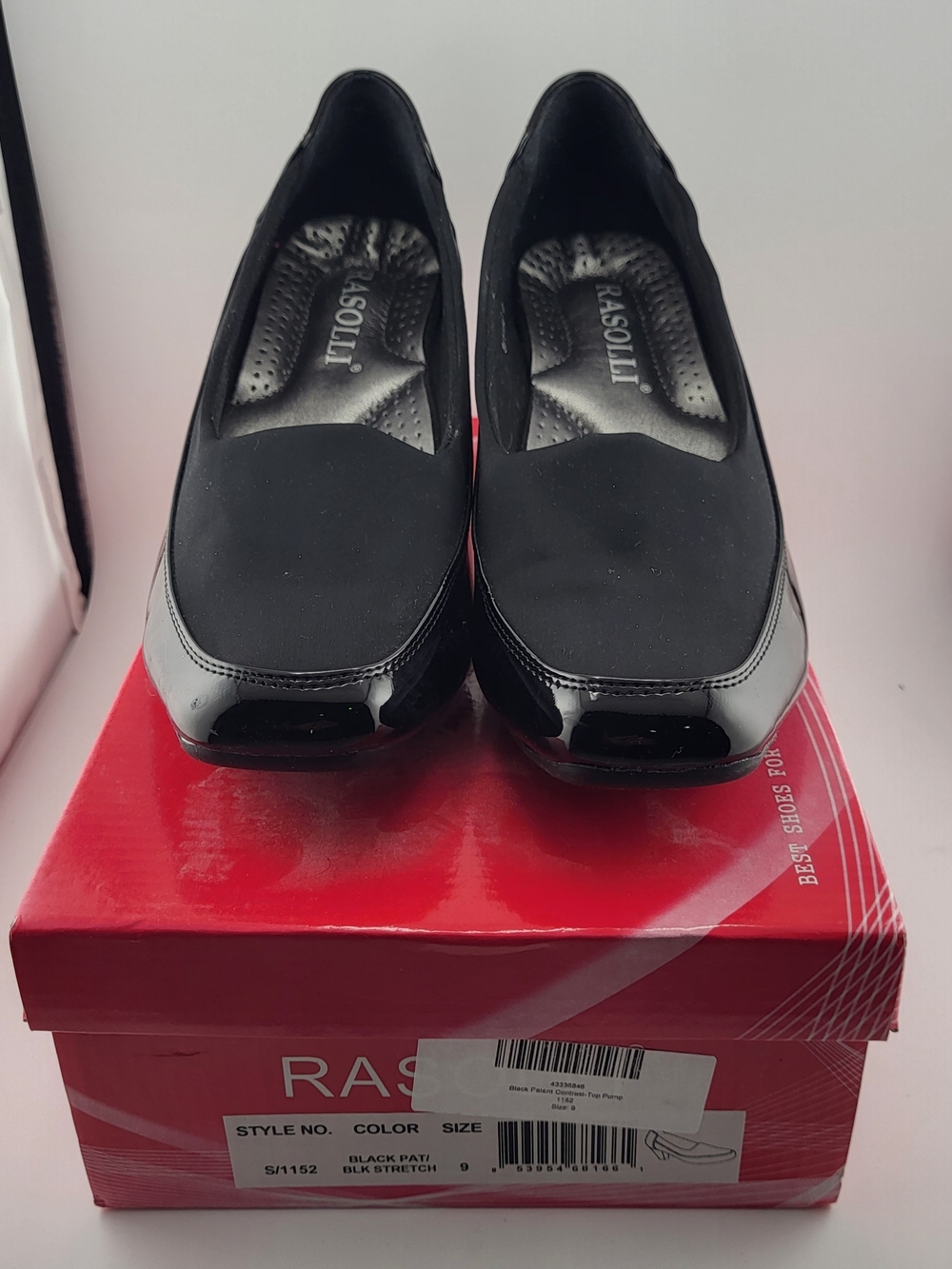 Rasolli Black Patent and Stretch Slip-On Low Chunky Heels 9 NIB